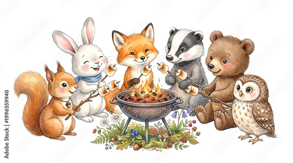 Fototapeta premium Cute Forest Animals Roasting Marshmallows on Grill Watercolor Illustration, Elegant Soft Celebration Background for Wedding Anniversary Love and Romantic Professional Decoration Assets
