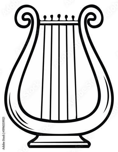 Line art illustration of ancient harp instrument with flowing elegant design