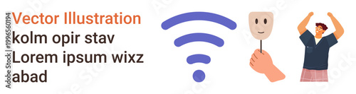 Digital communication, identity protection, expression, self-, network access, human emotions. A wireless symbol, a hand holding a mask and a person celebrating. Connectivity and identity concepts