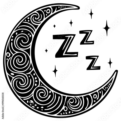 Stylized Crescent Moon with Ornate Swirls and Zzz's, Black and White Illustration for Sleep or Nighttime Designs