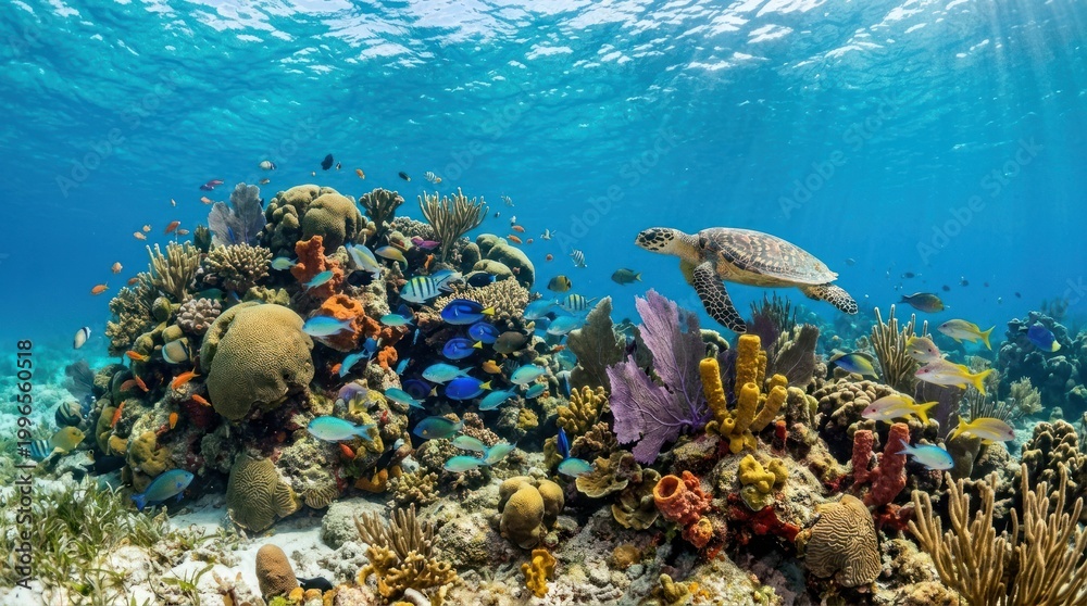 Fototapeta premium A colorful underwater scene with a turtle and various fish swimming around a coral reef.