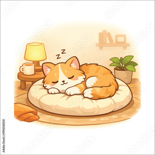 Cute Cat Sleeping Cozy Home Relaxing Illustration