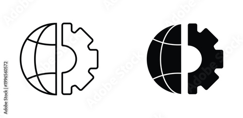 Foto Global technology icon set, globe and gear vector symbols, industrial world deve