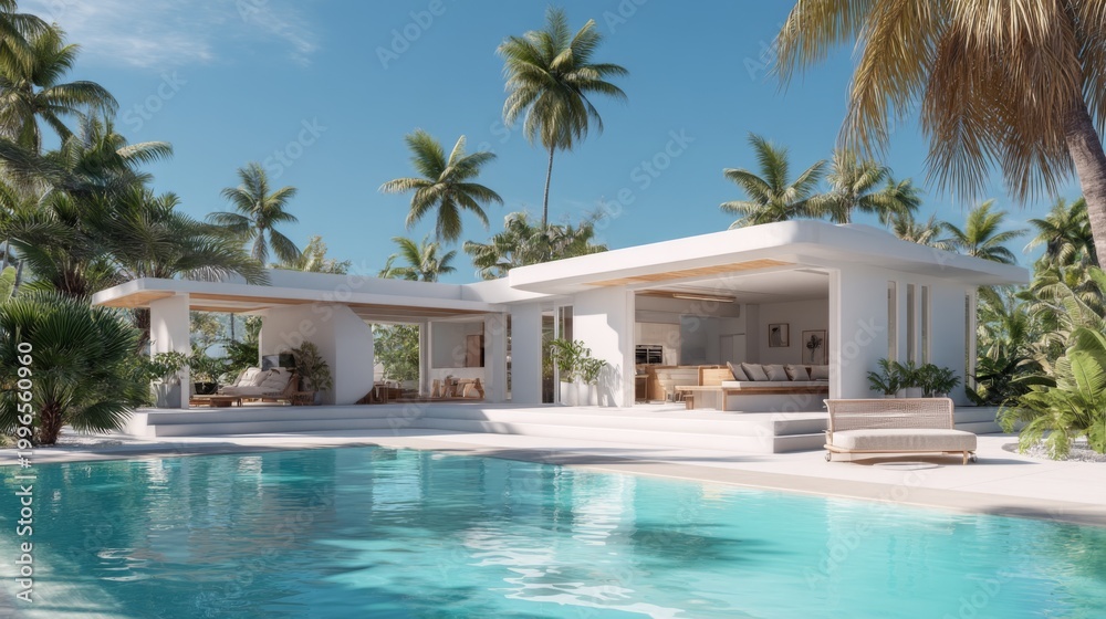 Fototapeta premium Modern tropical villa with swimming pool surrounded by palm trees and lush greenery in a serene coastal setting under a bright sunny sky