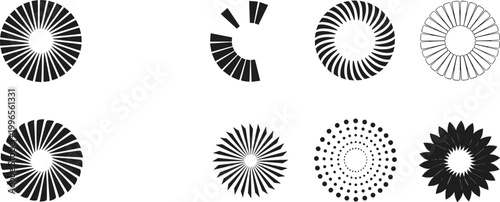 Abstract radial geometric shapes set featuring circular burst patterns, sunburst elements, and decorative mandala style vector designs isolated on white background