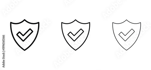 Minimalist shield checkmark icons set, black line security protection symbols, 3 vector elements for data safety and verified privacy assurance