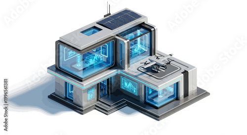 Modern architectural building illustration with drone technology and solar panels