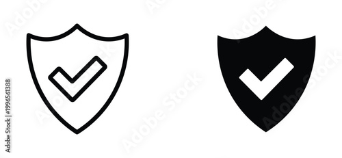 Minimalist shield icons with checkmark, black security protection symbols, verified safety vector elements for web and app interface design