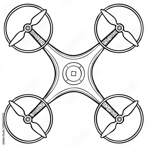 Black and white illustration of a quadcopter drone viewed from above