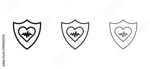 Medical health insurance shield icons, heart with heartbeat pulse line inside protection symbol, black outline and solid vector set for healthcare