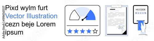 Business productivity, digital analysis, user feedback, e-commerce, signature authorization, barcode scanning. A dashboard meter, a signed document and barcode terminal icons. Business productivity