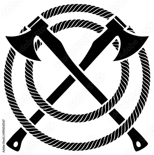 Two crossed axes within a circular rope frame, a black and white vector icon or emblem for outdoor themes.