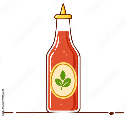 Tomato sauce bottle with leaf symbol. Vector illustration in flat cartoon style.