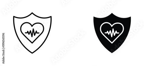 Medical health insurance icons, shield with heart and heartbeat pulse line, black and white vector set for healthcare protection and cardiology services