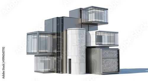 Modern architectural structure with geometric shapes and glass elements on white background