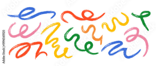 Colored hand drawn organic line collection. Brush stroke squiggle shape set. Vector charcoal chalk serpentine streamers. Crayon curly wave element bundle. Wiggly scribble pack for party decor, poster