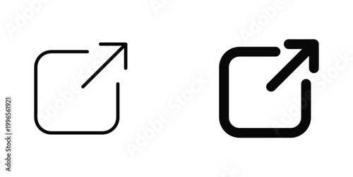 External link icon set with arrow and square, minimalist web navigation symbols, black outline and bold stroke share button vectors