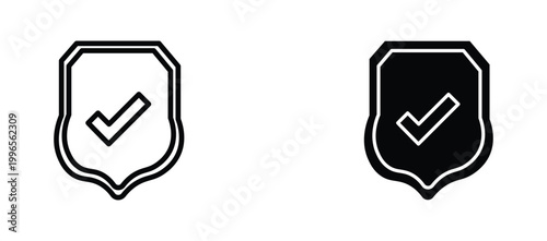 Minimalist shield checkmark icons, black and white security badge vector set, verified protection symbols for cyber safety and data privacy