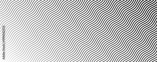 Black wavy slanted texture gradient. Wave diagonal line pattern wallpaper. Fading curved linear halftone gradation. Thin to thick undulate stripe background for overlay, cover, graphic design. Vector