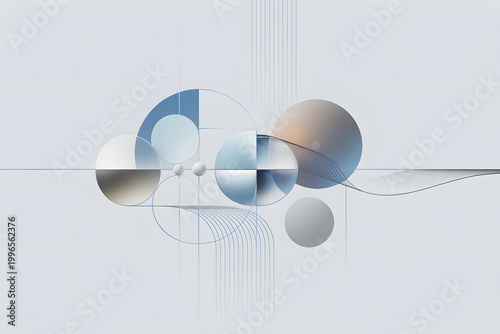 Abstract Geometric Composition: A stunning abstract composition of interconnected circles and lines in serene blue and grey hues, forming a harmonious display of geometry and design.