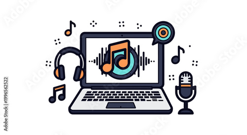 Music production concept with laptop headphones microphone and musical notes