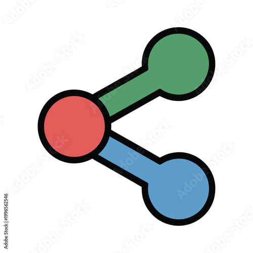 Simple molecule icon with red, green, and blue atoms isolated on white background
