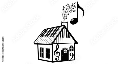 Musical house illustration notes and piano keys symbolize melody and art