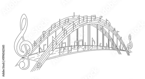 Musical bridge illustration treble clef and note symbols on white background