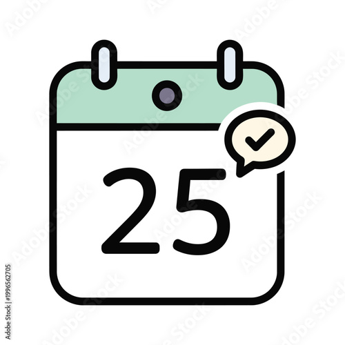 Calendar icon with date 25 and checkmark isolated on white background