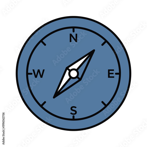 Blue compass with black outline and white needle isolated on white background
