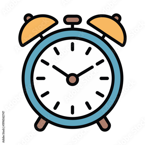 Cartoon blue alarm clock with yellow bells isolated on white background