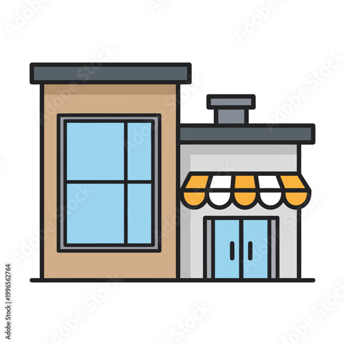 Cartoon building with shop and house isolated on white background