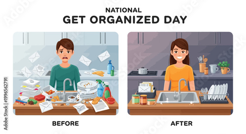 A before-and-after illustration commemorates National Get Organized Day, showcasing a person's transformation from a cluttered sink area to a tidy one in a clean, organized space