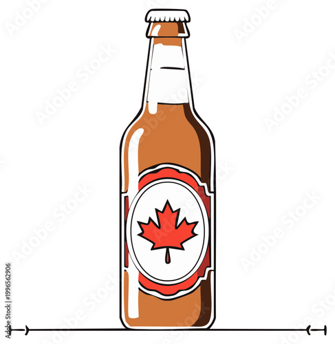 Bottle of Canadian beer with a maple leaf. Refreshing cool amber colored liquid with a white cap for a drink.