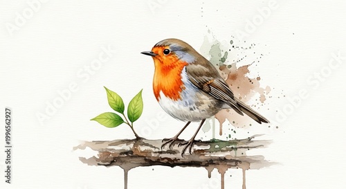 Watercolor Robin Bird on Branch with Leaves - Cute European Robin Illustration