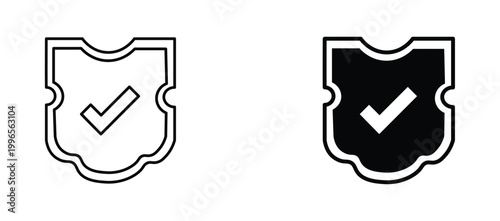 Minimalist shield security icons with checkmark, black and white protection symbols, 2 vector assets for safety and verification branding