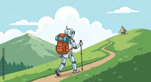 Robot hiker explores mountain trail with backpack and walking stick