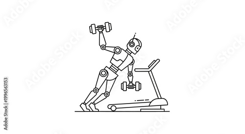 Robot exercising with weights on a treadmill in a line art style