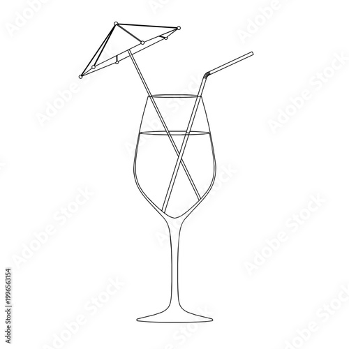 Outline for Coloring of Cocktail Luxury Elegance Wine Glass on White Background. Vector Illustration.