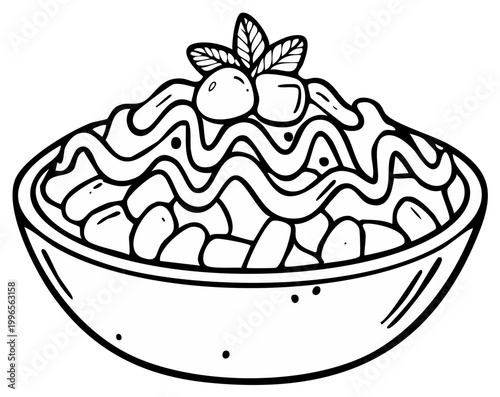 Pasta dish illustration with a savory sauce, olives, and fresh herbs in a simple bowl