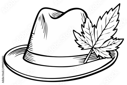 German style alpine hat with leaf monochrome vector illustration for Oktoberfest celebration