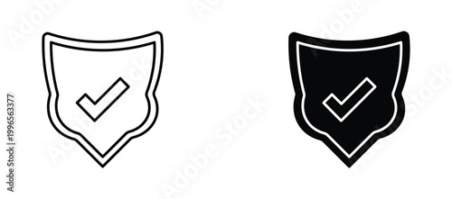 Security shield icons with checkmark, black outline and solid protection symbols, 2 vector elements for cybersecurity and safety verification