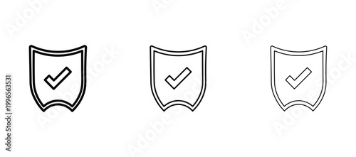 Minimalist shield icons with checkmark, security protection symbols in three line weights, black outline safety and verification vector set