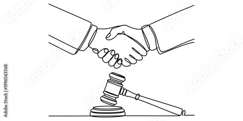 Continuous one line drawing of a handshake and a wooden judge gavel for legal agreement and business partnership concept Vector, illustration
