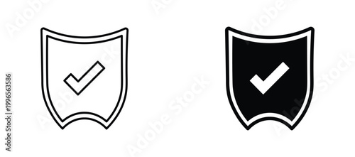 Security shield icons with check mark, black and white protection symbols, verified safety vector set for web and app interface design