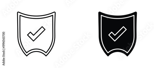 Shield checkmark icon set in line and solid styles, security protection symbols for web interface, verified safety and data privacy vector elements