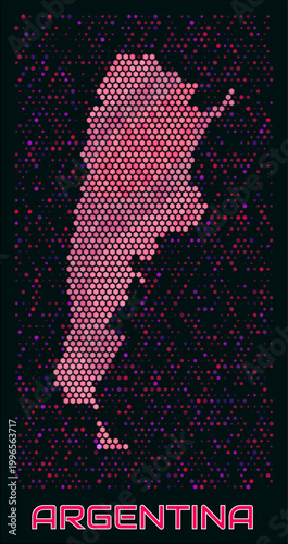 Argentina digital style hexagon map. Vibrant magenta purple pink neon dotted shape. Country tiny bright hexagon cells. Argentina honeycomb map design. Creative Vector Illustration.