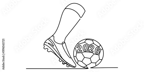 Continuous single line drawing of a soccer player leg kicking a 2026 football ball Vector, illustration