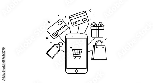 Smartphone shopping online retail illustration with credit cards and gift