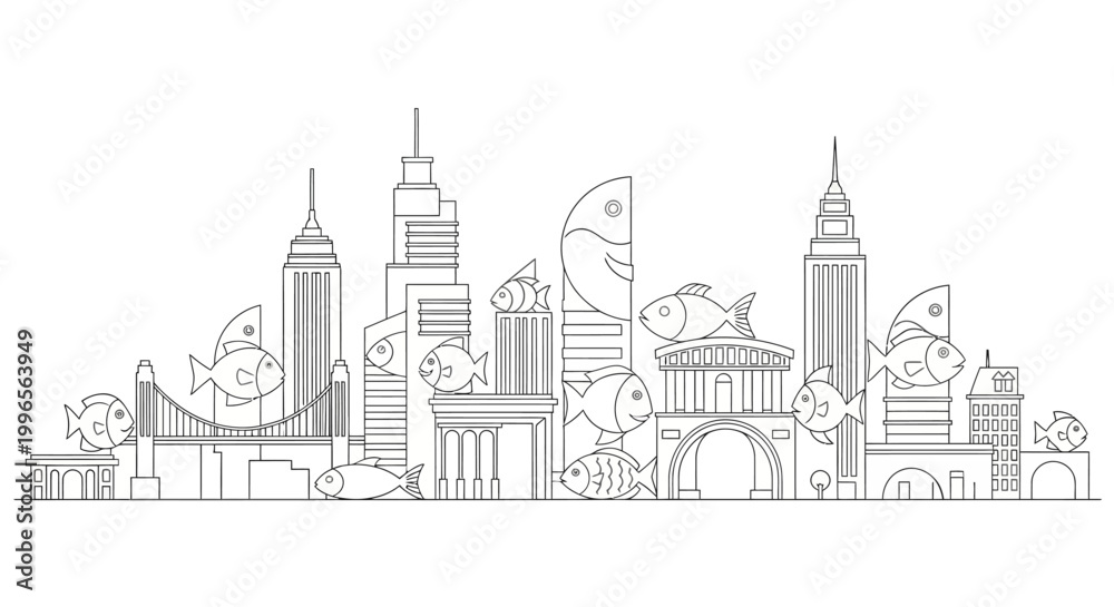 Fototapeta premium Stylized cityscape with fish illustrations in a black and white line art style
